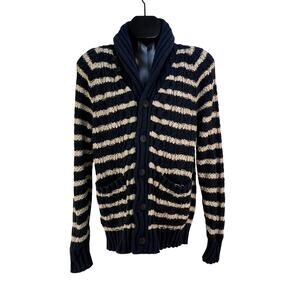 L.L.Bean Signature Stripe Shawl Collar Cardigan Navy Blue Cotton
